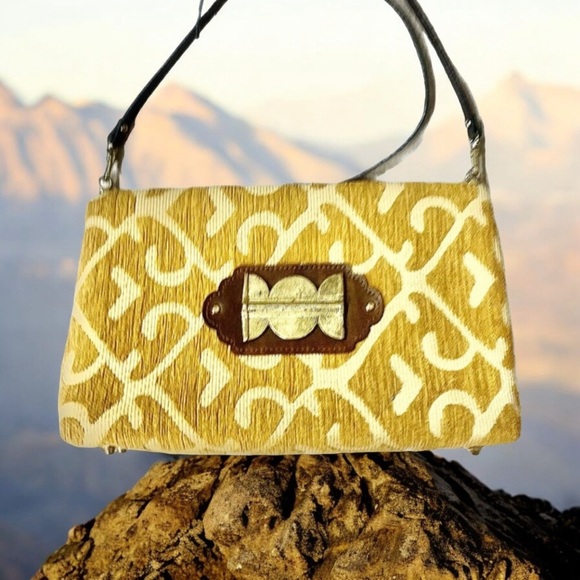 ADD LIBB Gold & Tan Tapestry Leather & Brass Clutch Shoulder Bag - Picture 9 of 9